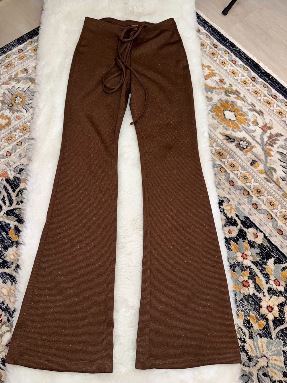 Women's Brown Glitter Knit Flared Pants with Drawstring Waist